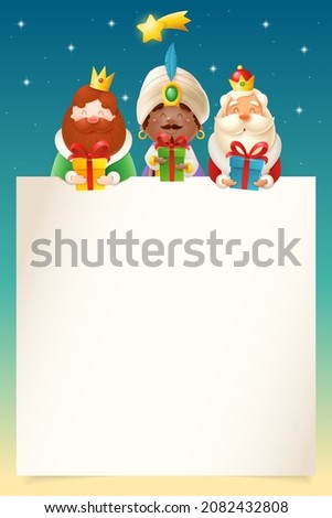 Three Kings or Wise men with gifts peeking on top of paper - letter template - Happy Epiphany