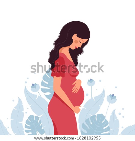 A pregnant beautiful woman hugs her pregnant belly against a background of blue plants and flowers. Happy future mom side view. Vector illustration in a flat style.
