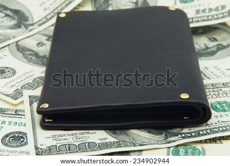 Leather purse on background of American money.