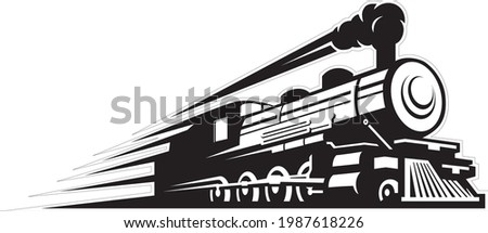 Retro steam train locomotive engine travelling fast railway track with big smoke vector