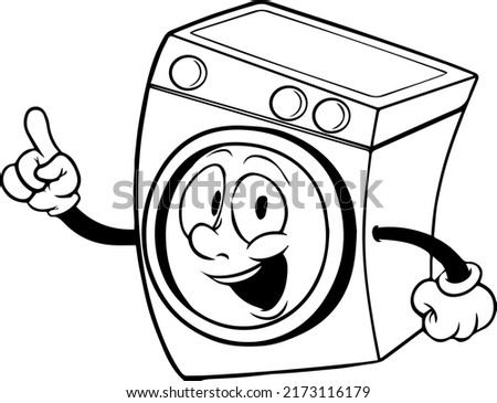cartoon type black silhouette washing machine with smile face on front loading door two hands from sides of the washing machine vector graphic design