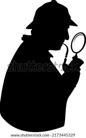 Black Silhouette Man wearing Coat and retro hat holding tobacco pipe and hand lens magnifying glass looks like a old detector vector graphic design