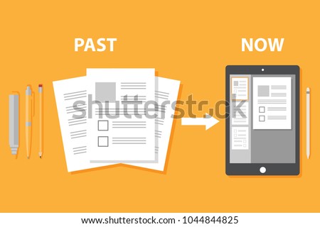 Evolution of devices from paper to smart gadget, innovation digital concept document pass to tablet screen display, future technology device, icon, symbol, object, pen, flat style cartoon vector