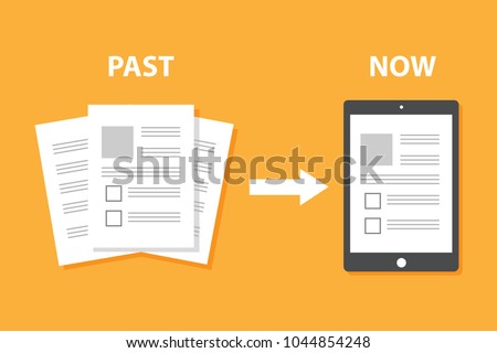 Evolution of devices from paper to smart gadget, innovation digital concept document pass to tablet screen display, future technology device, icon, symbol, object, paperless, flat style cartoon vector