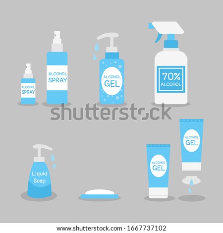 Set of Alcohol Gel, Alcohol Spray, Soap, Liquid Soap. kill virus by Wash hand and spray hand.Medical Health care concept, 