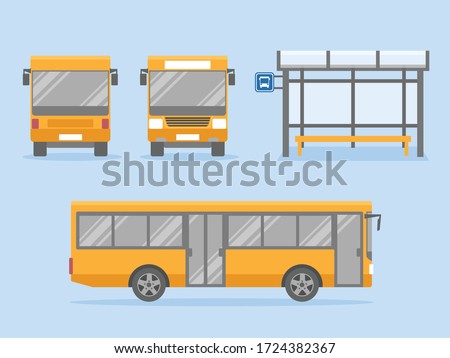 Set of yellow city bus with front side and back view with bus stop station  Isolated vector illustration. Flat style concept of public transport. 