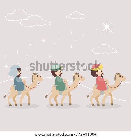 Birth of Jesus Christ story with three kings, nativity scene,cute cartoon vector illustration.