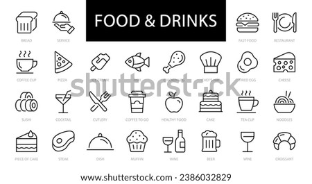 Food and Drinks thin line icons set. Food editable stroke icon. Meat, Fish, Pizza, Fast Food, Coffee, Restaurant, Eatery, Fish, Cake, Healthy food, Bread, Tea icon. Vector illustration