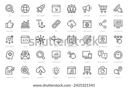 SEO - Search Engine Optimization thin line icons set. SEO icon collection. Web Development and Optimization icons. Search symbol. Editable stroke icons. Vector