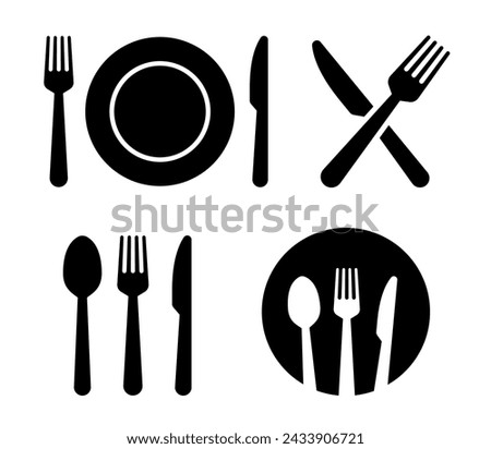 Fork, knife, plate and spoon. Menu symbol. Restaurant icon. Plate, fork, knife, spoon, cutlery icon set. Vector