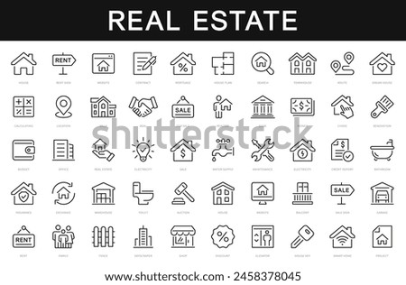 Real Estate thin line icons set. House, home, mortgage, agent, loan icon. Real estate editable stroke icon vector