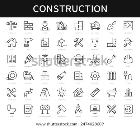 Construction thin line icons set. Builder, construction, tools, house repair, build, crane icon. Vector