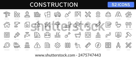 Construction thin line icons set. Builder, construction, tools, house repair, build, crane icon collection. Vector 