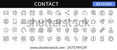 Contact thin line icons set. Basic contact icon collection. Phone, website, message, chat symbol. Vector