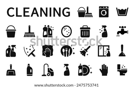 Cleaning icons set. Washing, cleaning, laundry symbol collection. Vector illustration