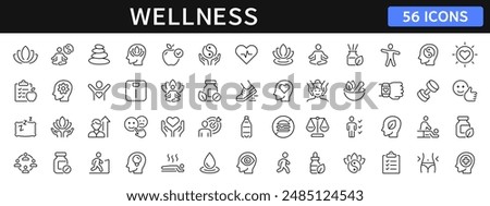 Wellness thin line icons set. Relaxation, massage, yoga, spa, meditation, health, wellbeing editable stroke icon. Vector