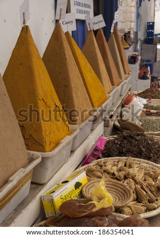 Essaouira, Morocco - March 26 2014: Moroccan spices in the medina market