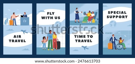 A collection of storis layout designs with illustrations of check-in at the airport, waiting for departure, disabled woman's help and scenes on the plane.