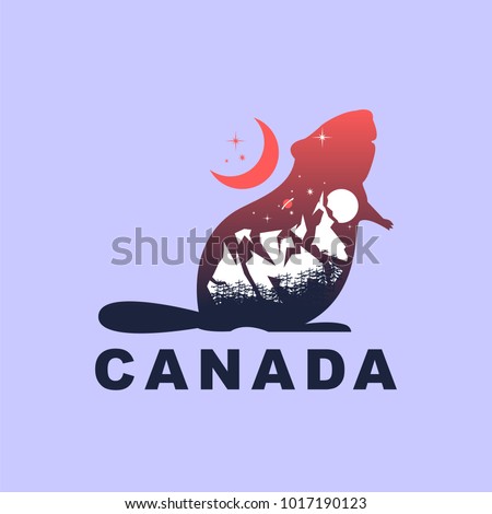 beaver and night mountain landscape, double exposure, space view, fantasy style, canada inscription. Vector illustrations