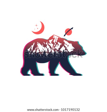 bear and night mountain landscape, double exposure, space view, glitch art, fantasy  style. Vector illustrations