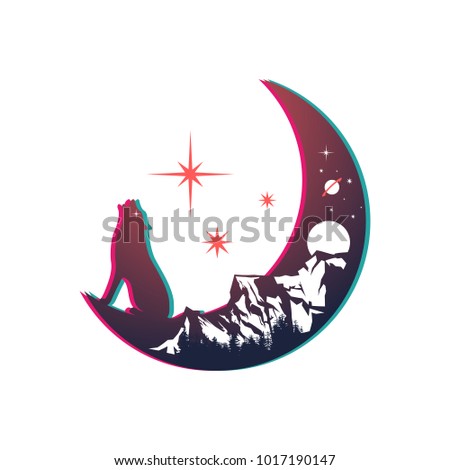 wolf on moon and night mountain landscape, double exposure, space view, glitch art, fantasy  style. Vector illustrations