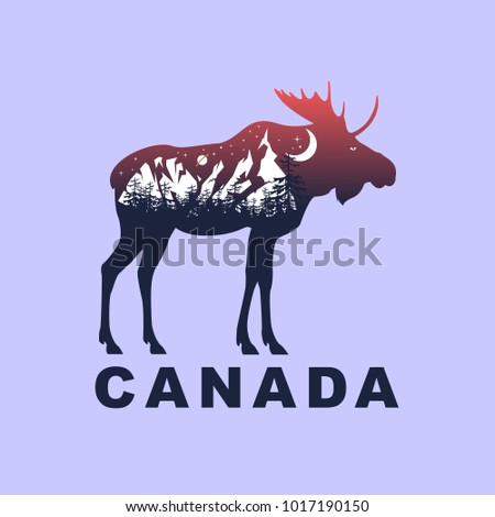 elk and night mountain landscape, double exposure, space view, fantasy style, canada inscription. Vector illustrations