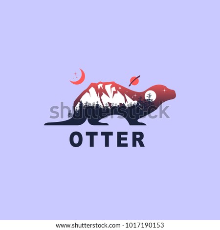 otter and night mountain landscape, double exposure, space view, fantasy style, otter inscription. Vector illustrations