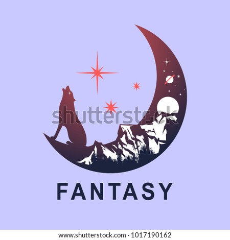 wolf on moon and night mountain landscape, double exposure, space view, fantasy style, fantasy  inscription. Vector illustrations