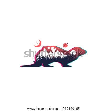 otter and night mountain landscape, double exposure, space view, glitch art, fantasy  style. Vector illustrations