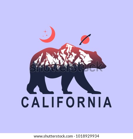 bear and night mountain landscape, double exposure, space view, fantasy style, california inscription. Vector illustrations