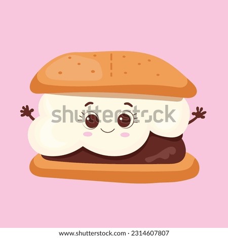 Marshmallow Cartoon Character with a chocolate backpack and Graham Crackers. S’more vector illustration.Isolated objects on a pink background. Vector illustration for any design