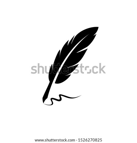 vintage Feather quill pen logo with black ink stroke, scratch icon, classic stationery illustration isolated on white background