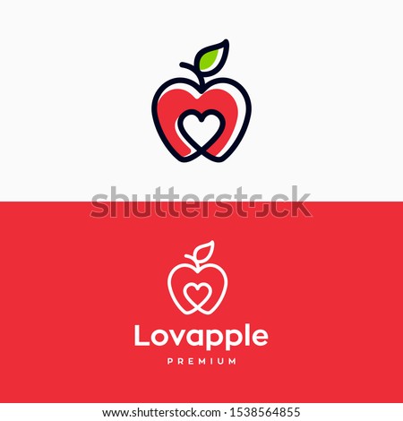 Creative apple logo with love Heart Inside and leaf icon Design Symbol Illustration in trendy colorful linear line style 