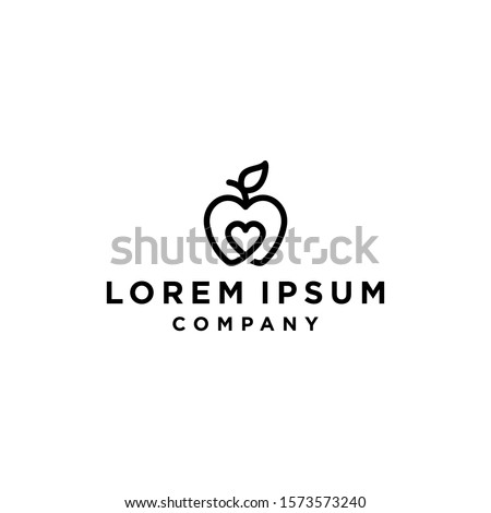 Creative hipster apple logo with love Heart Inside and leaf icon Design Symbol Illustration in trendy outline linear line style 