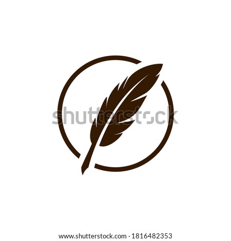 vintage Feather quill pen logo with circle frame black ink icon, classic stationery illustration isolated on white background