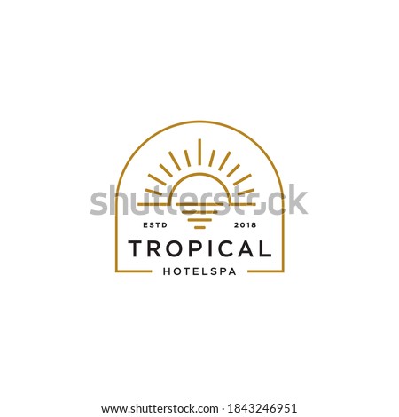 sun logo, sunset sunrise with beach ocean sea water logo icon vector in trendy line linear, abstract outline logo vector for hotel or spa