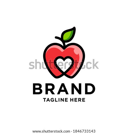 apple logo with love Heart Inside and leaf icon Design Symbol Illustration in trendy colorful linear line style