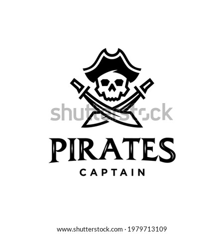 Pirate Skull with hat and Crossing Swords Sailor emblem logo design Illustration in trendy line Mascot style 