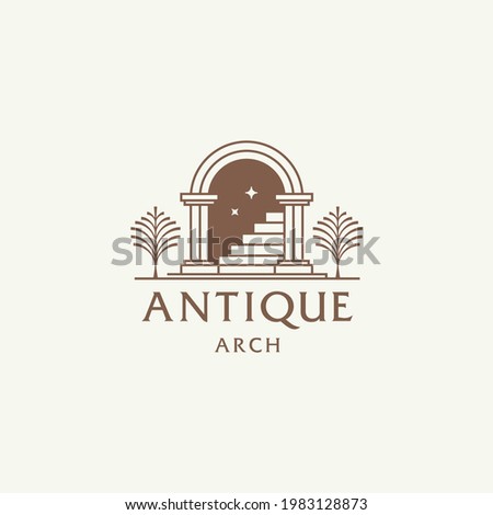 mystic doorway logo, antique arch architecture entrance and stairway icon, with door, window and palm trees in contemporary aesthetic boho style 