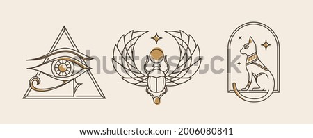 Ancient Egypt vintage art hipster line art Illustration vector with eye of horus, Sacred scarab and Cat, old school tattoo style artwork collection set.