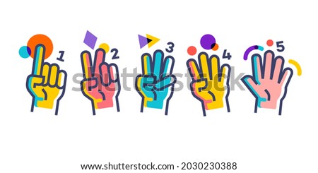 hands showing numbers, hand gesture count 1 2 3 4 and 5 vector icon illustration in trendy cartoon filled line style set Illustration, counting hand vector design