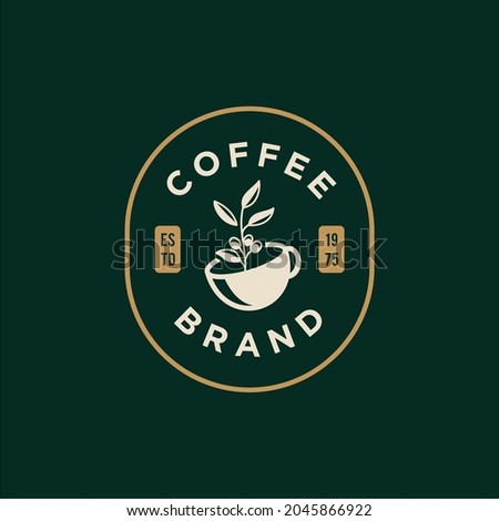 simple badge a cup of coffee with bean and leaf branch natural line stamp logo vector icon design in vintage hipster modern beautiful style, premium coffee shop bar icon