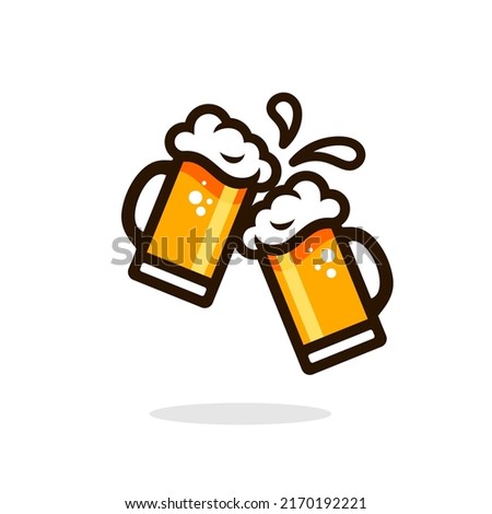 beer cheers vector. Two toasting beer mugs, Cheers. Clinking glass tankards full of beer and splashed foam. Cartoon style. Isolated on white background. Design for banner, poster, greeting cards.