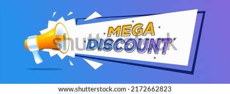 discount banner vector with megaphone. Banner announcing mega discount with half price reduction. Special offer with 50 percent off advertisement. Promotion poster template megaphone vector.