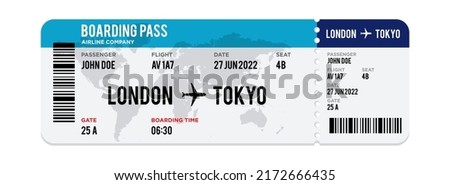 Blue and white Airplane ticket design. Realistic illustration of airplane ticket boarding pass with passenger name and destination. Concept of travel, journey or business trip. Isolated on white.