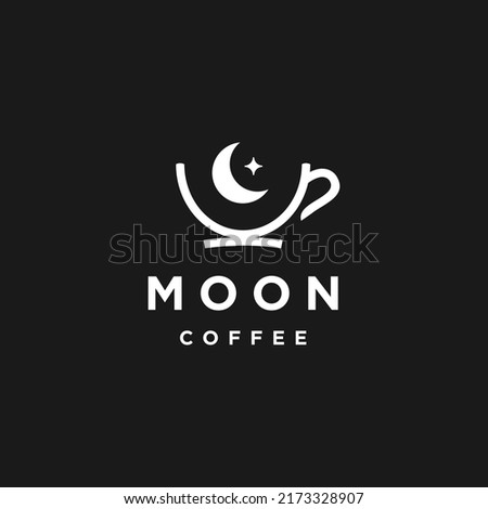 crescent moon coffee logo concept with half moon, star and simple mug cup icon. Night coffee logo design in linear line outline style Vector illustration