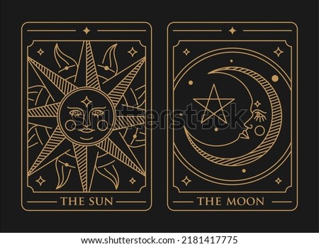 Set of decorative golden tarot cards the sun and the moon in isolated on black background. Vintage mystic sun and moon tarot card in ornamental line art style. Sun with face. Moon with face