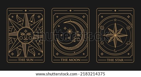tarot deck card set Illustration. the sun, the moon and the star golden tarot card vector. Vintage mystic sun, moon and star tarot card in ornamental line art style isolated on black background.