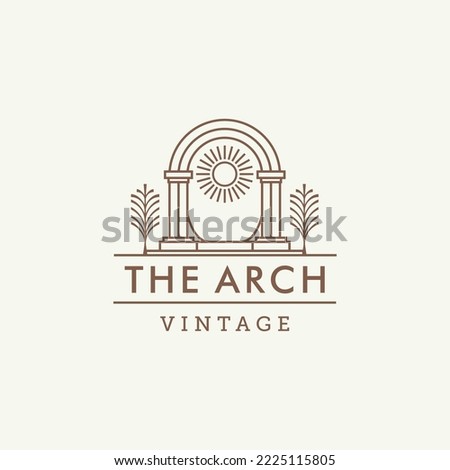 mystic sun doorway logo, antique arch architecture entrance and stairway icon, with door, window and palm trees in contemporary aesthetic boho style