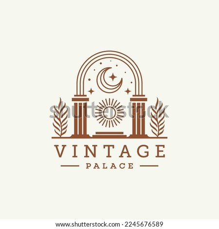 mystic sun doorway logo, antique arch architecture entrance and stairway icon, with door, window and palm trees in contemporary aesthetic boho style